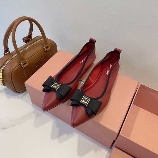 БАЛЕТКИ MIUMIU 26S З ТЕМНО-ЧЕРВОНОЇ ТЕЛЯЧОЇ ШКІРИ З БАНТОМ