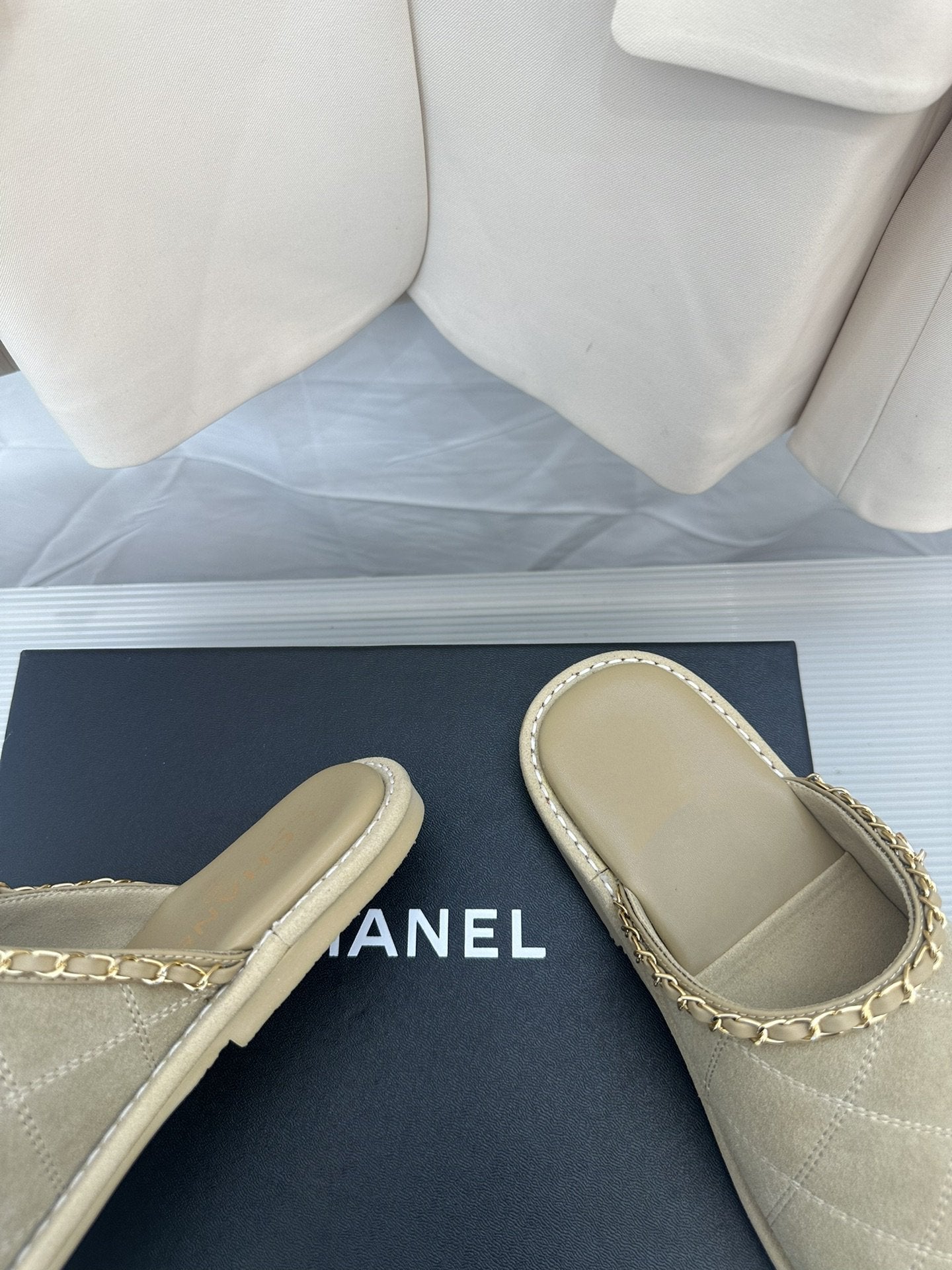CC Khaki Green Suede Gold Chain Mules - 35