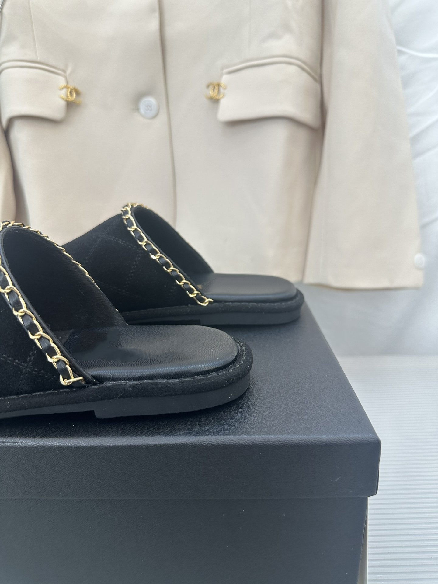 CC Black Suede Gold Chain Mules - 35