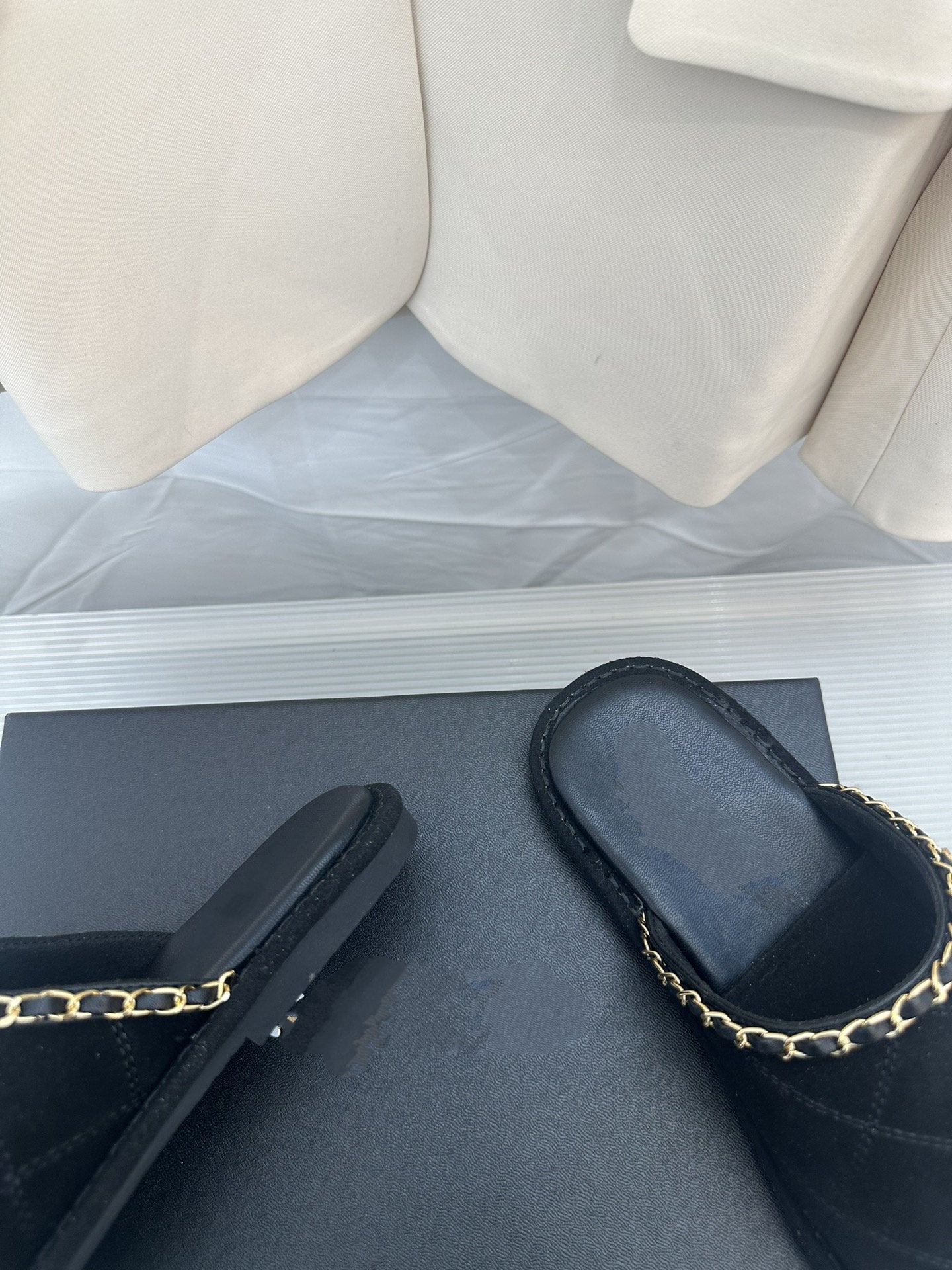 CC Black Suede Gold Chain Mules - 35