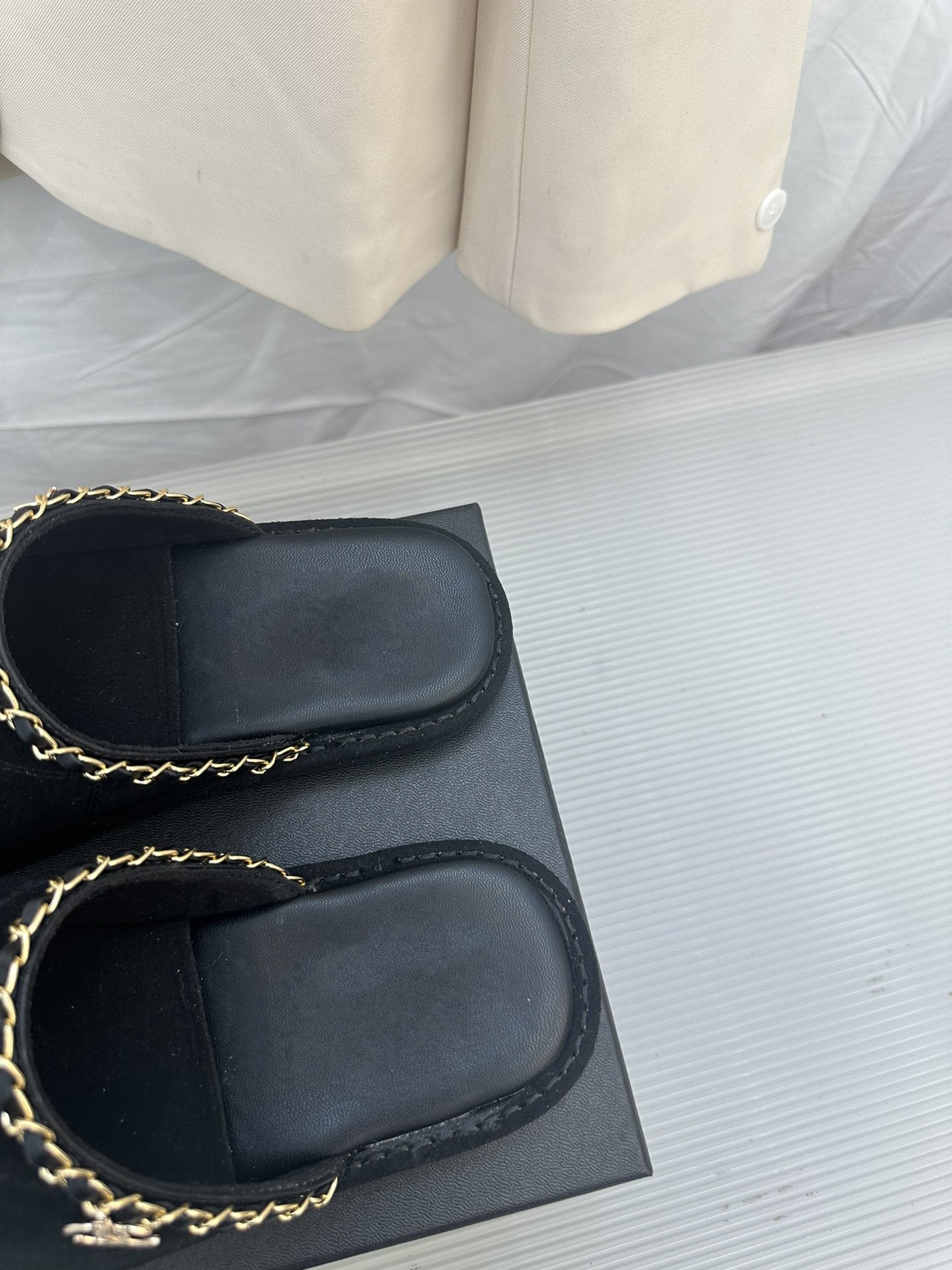 CC Black Suede Gold Chain Mules - 35