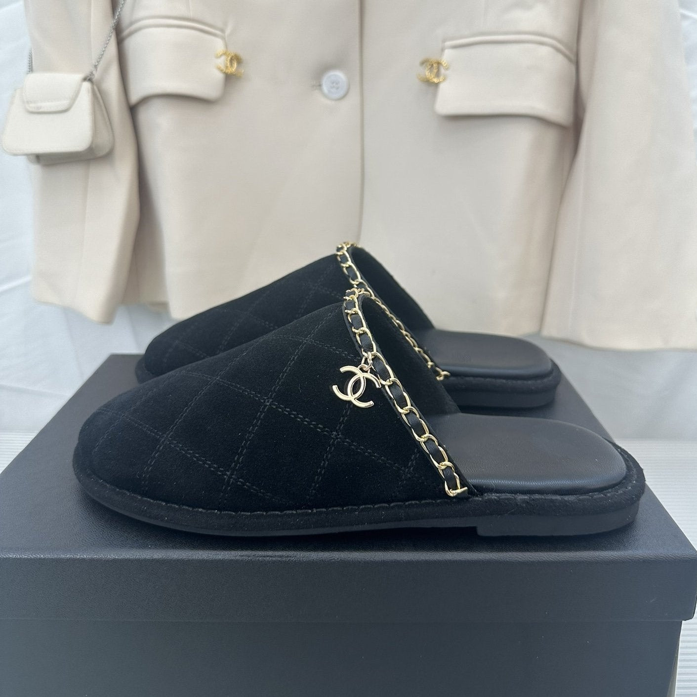 CC Black Suede Gold Chain Mules - 35