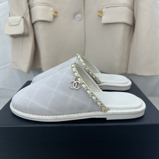 CC White Suede Gold Chain Mules - 35