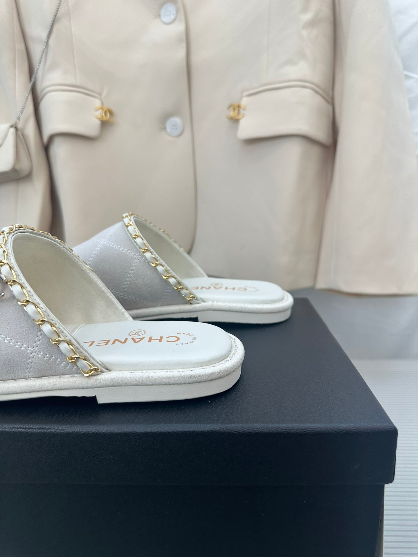 CC White Suede Gold Chain Mules - 35