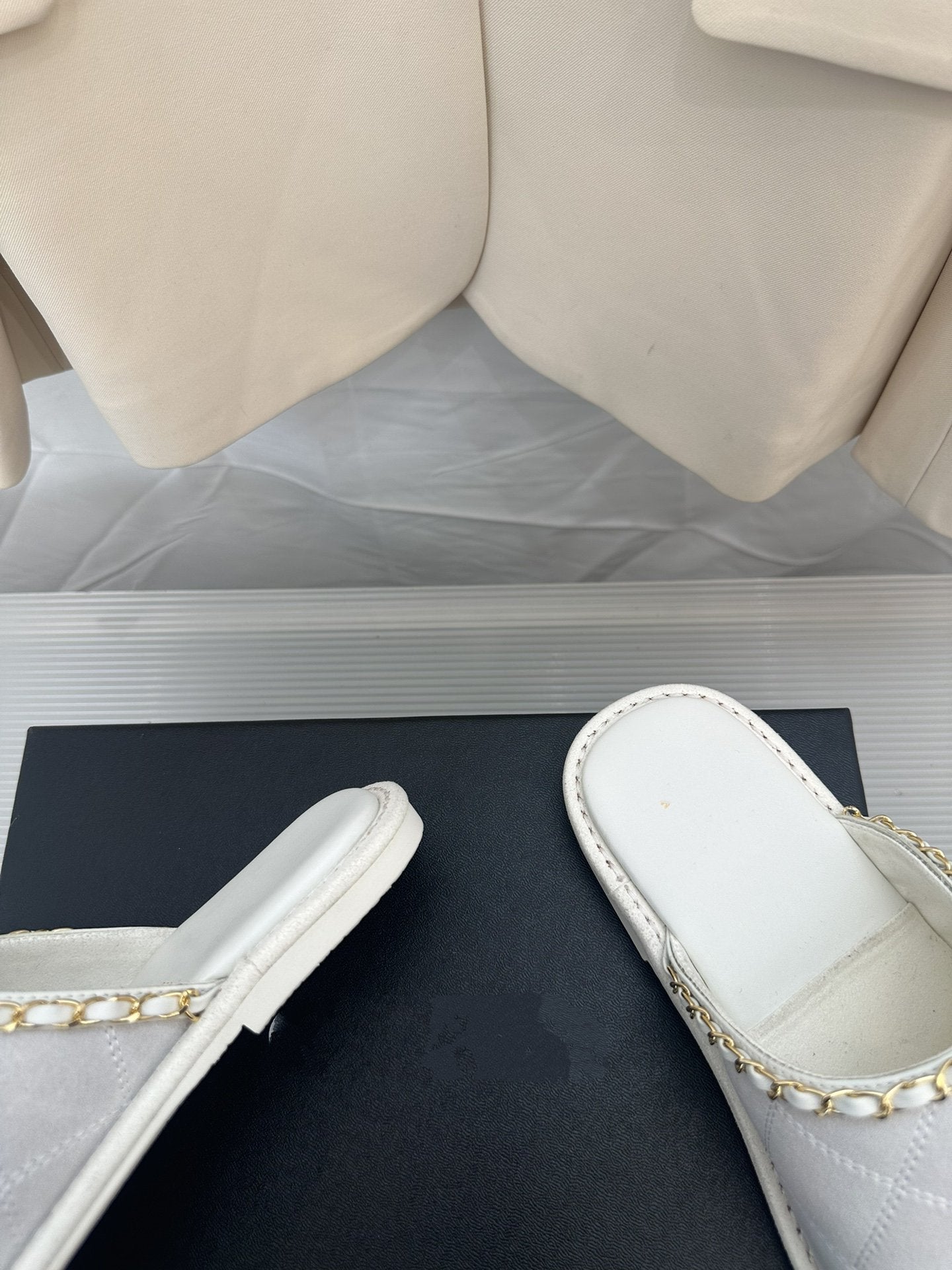 CC White Suede Gold Chain Mules - 35