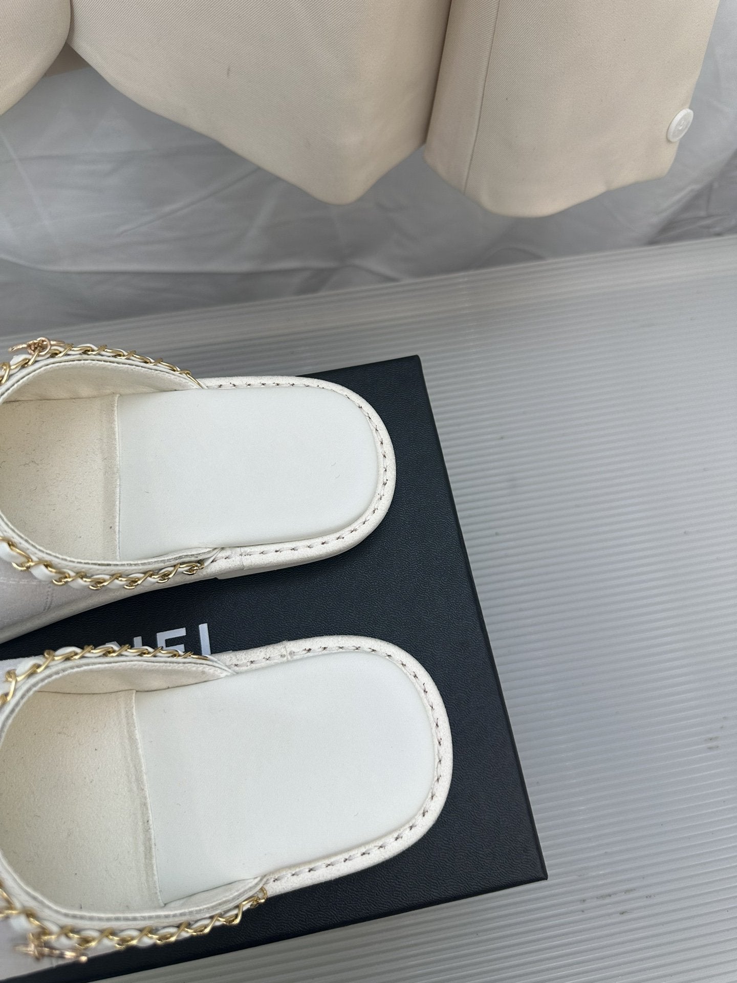 CC White Suede Gold Chain Mules - 35