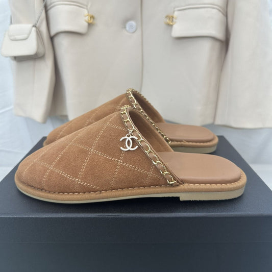 CC Brown Suede Gold Chain Mules - 35