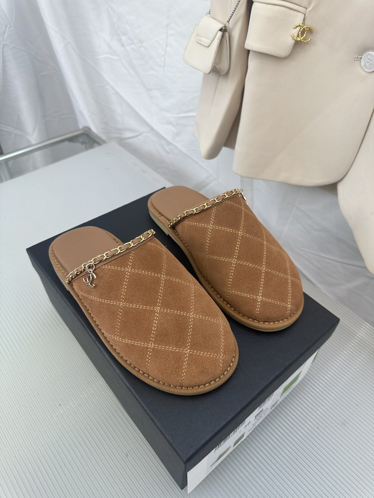 CC Brown Suede Gold Chain Mules - 35