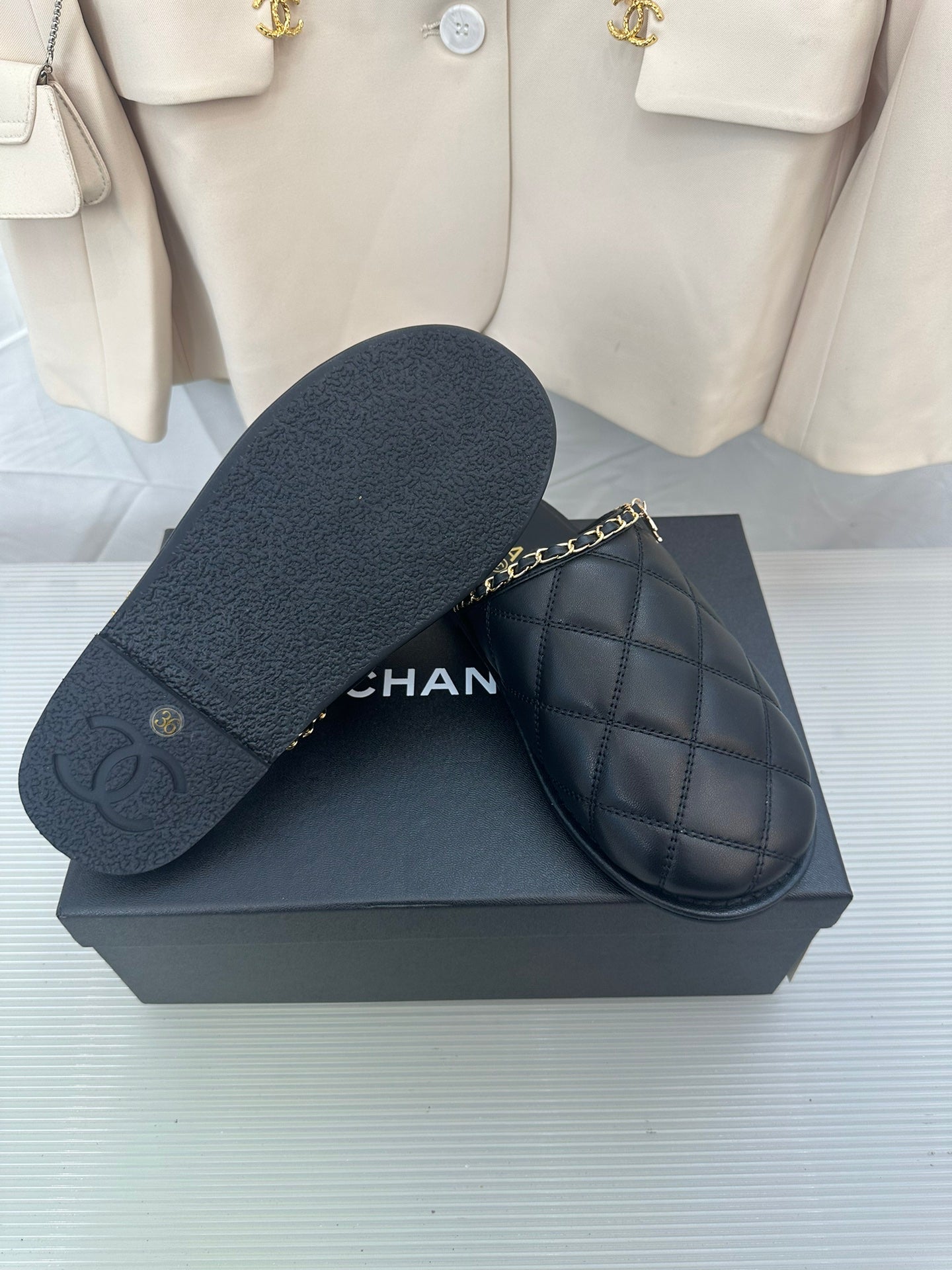 CC Black Lambskin Gold Chain Mules - 35
