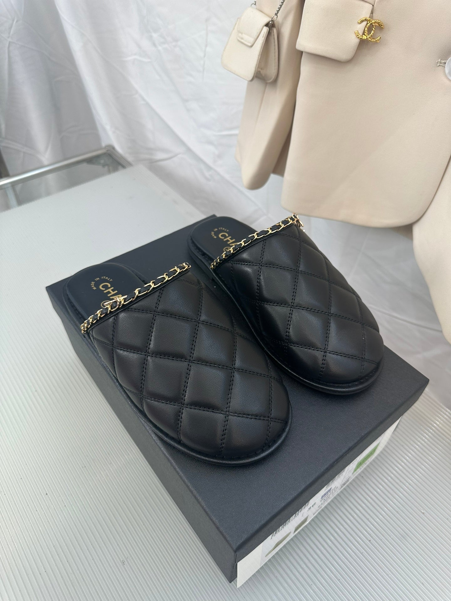CC Black Lambskin Gold Chain Mules - 35