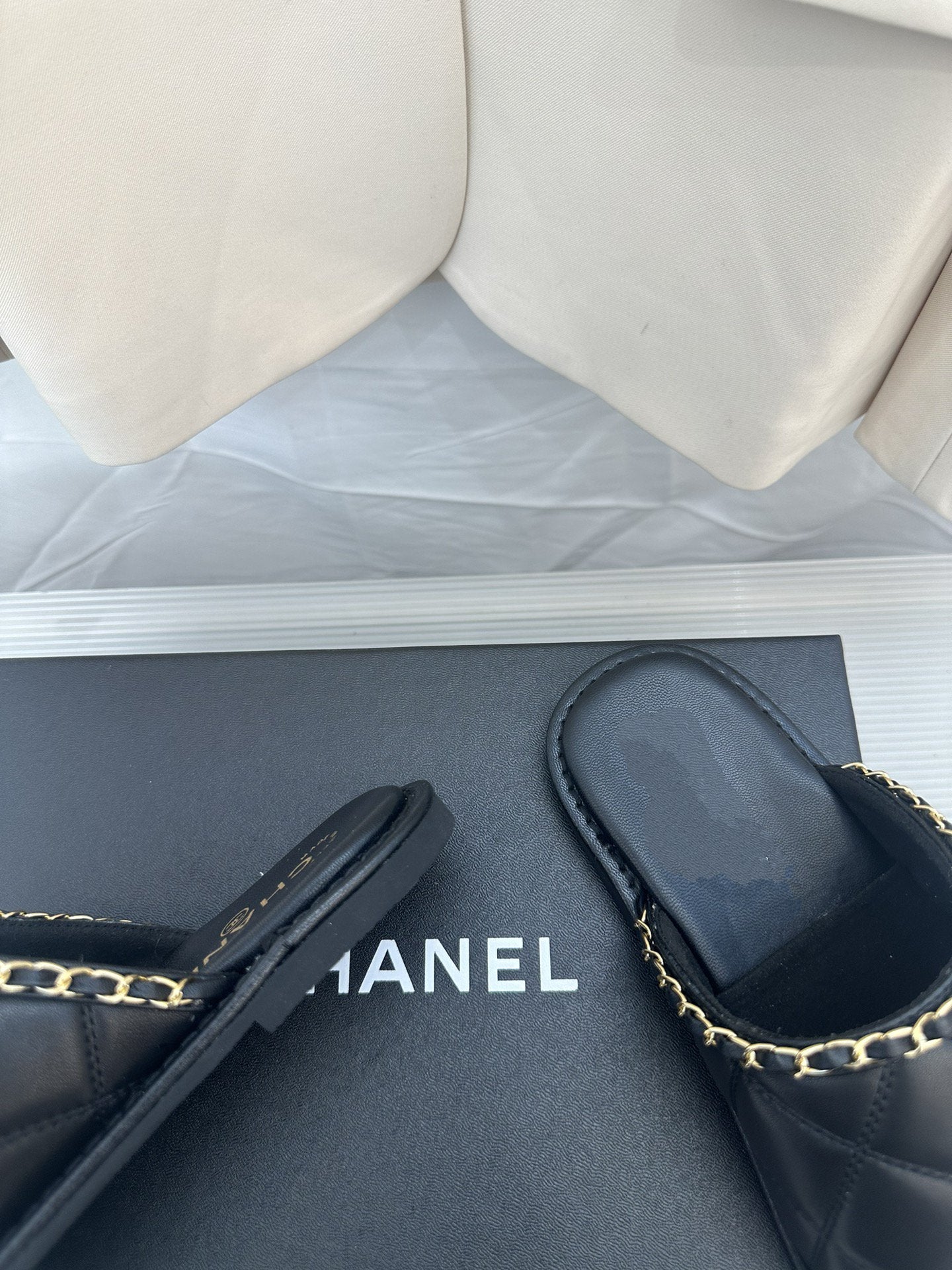 CC Black Lambskin Gold Chain Mules - 35