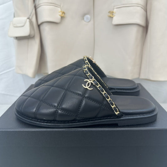 CC Black Lambskin Gold Chain Mules - 35