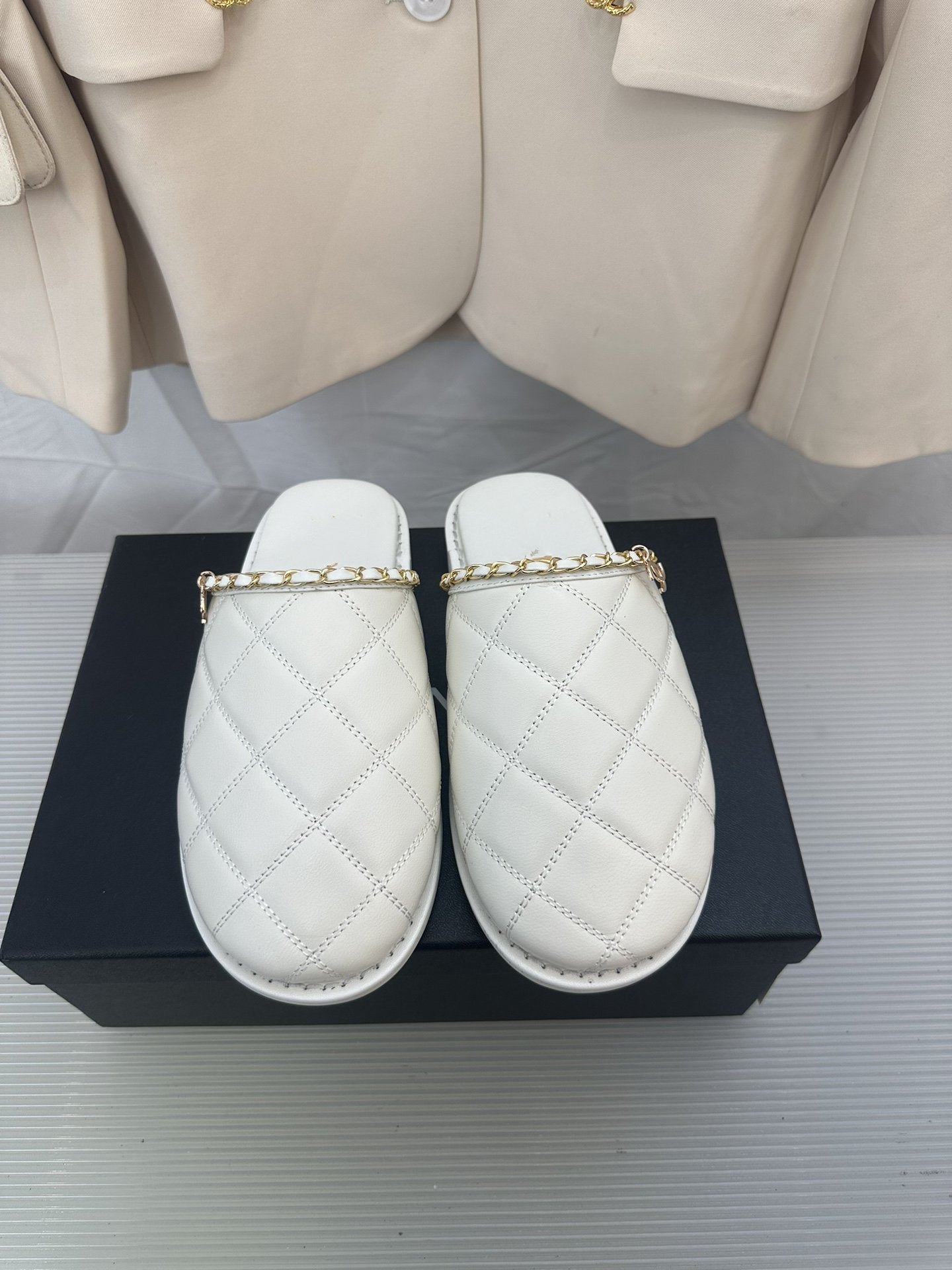 CC White Lambskin Gold Chain Mules - 35