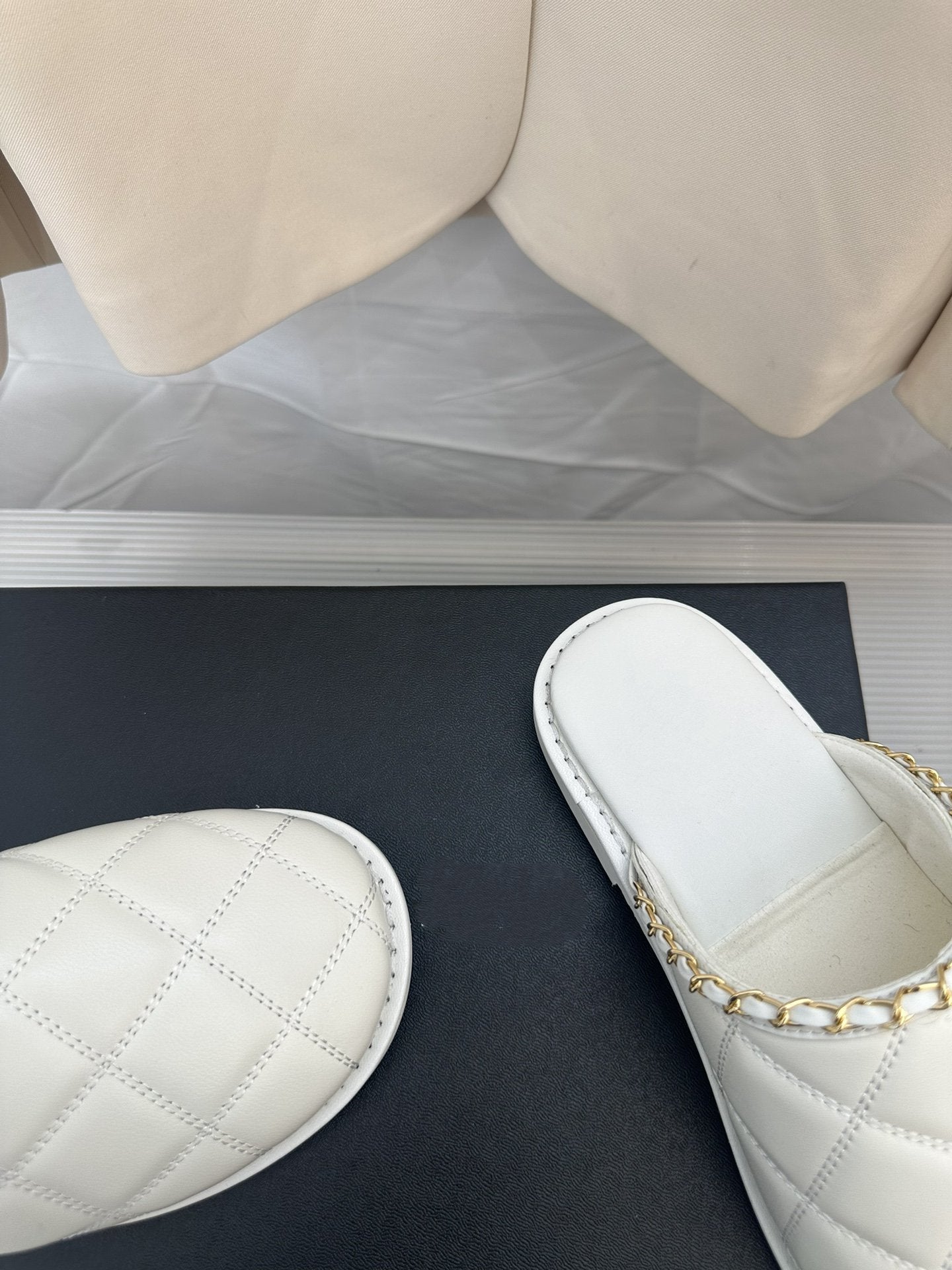 CC White Lambskin Gold Chain Mules - 35