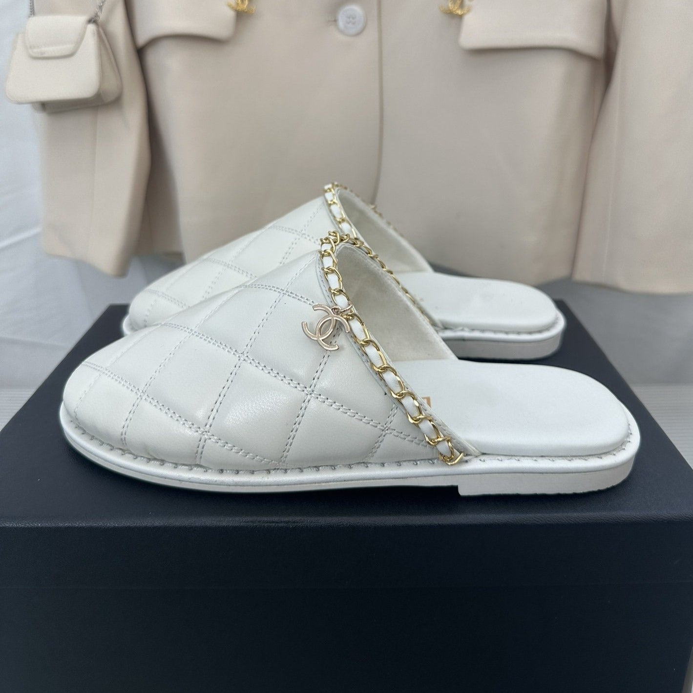 CC White Lambskin Gold Chain Mules - 35