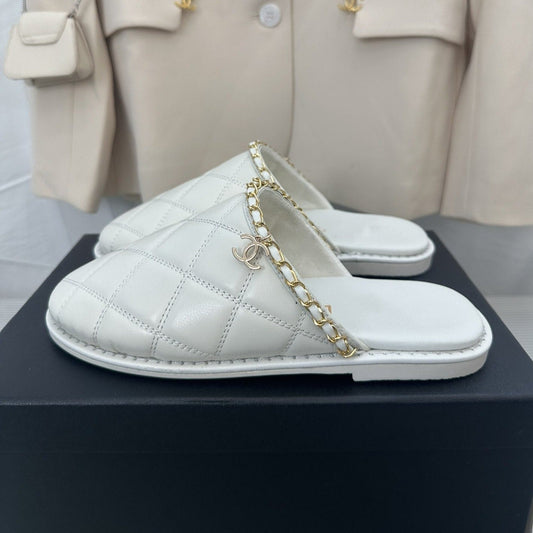 CC White Lambskin Gold Chain Mules - 35