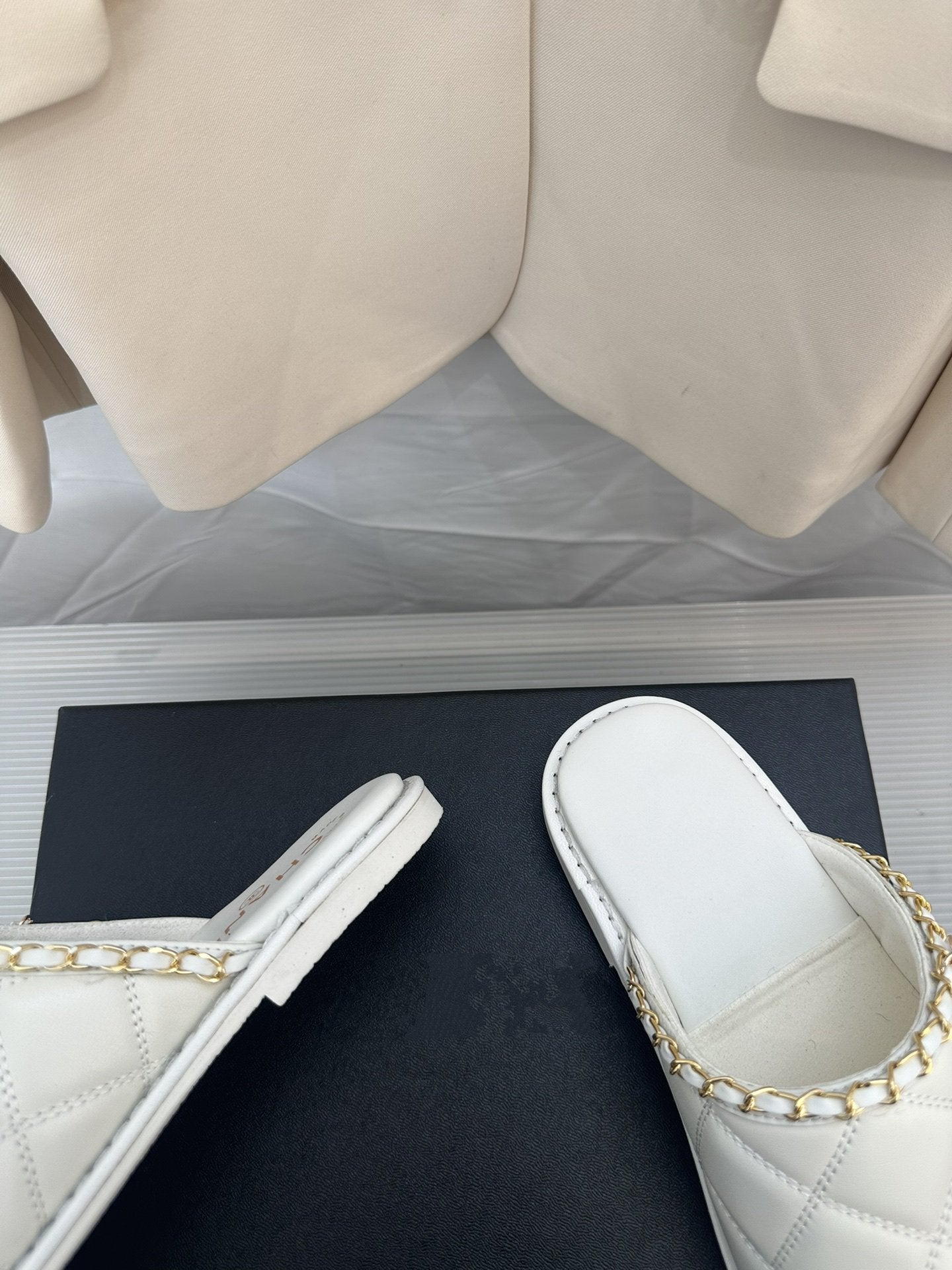 CC White Lambskin Gold Chain Mules - 35
