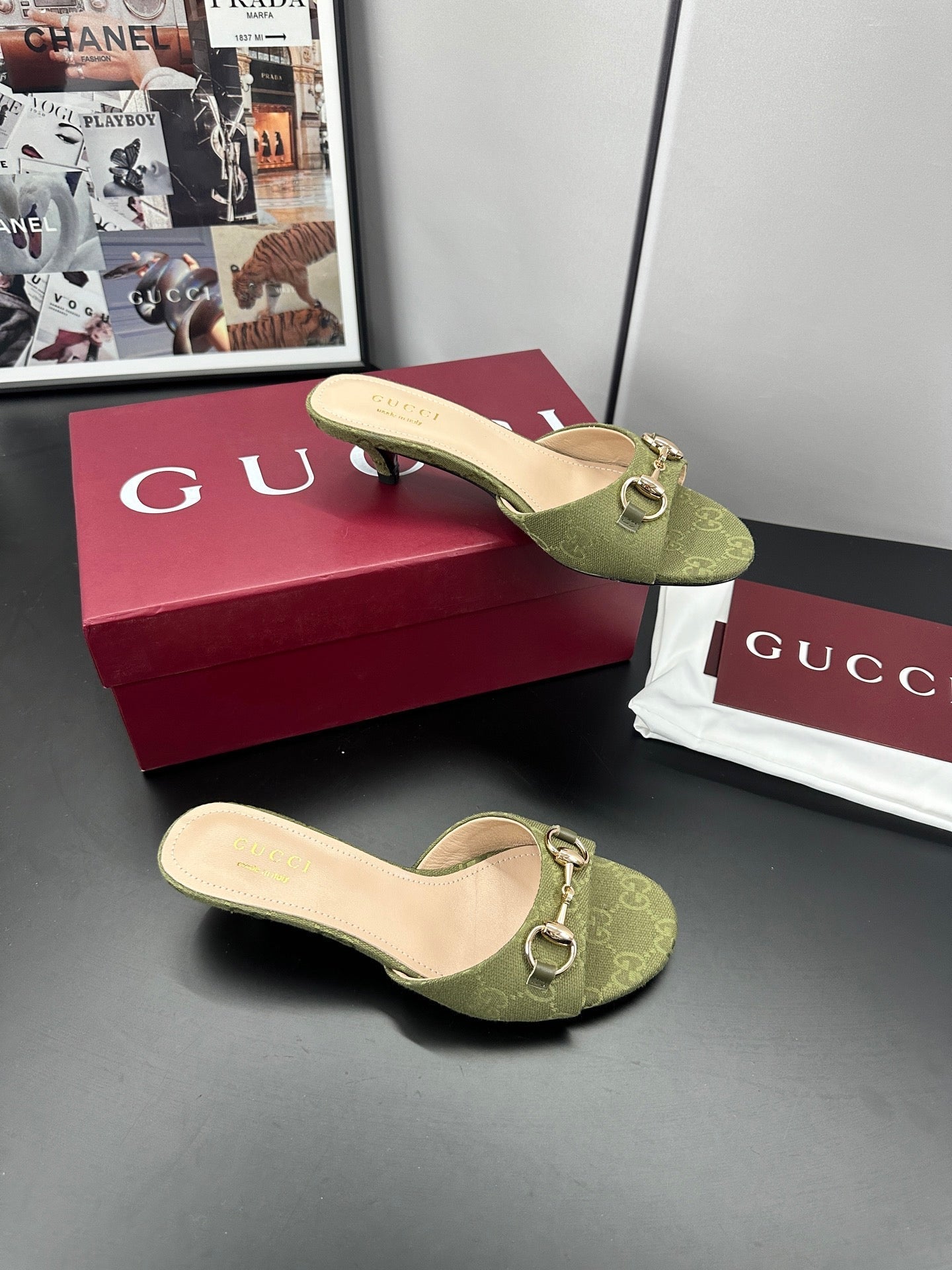 GUCCI 26S HIGH-HEELED SANDALS 50 MM IN MOSS GREEN CANVAS