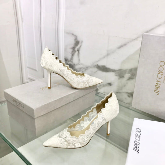 JIMMY CHOO 26S ТУФЛІ-ЛОДОЧКИ З ФІГУРНИМ КРАЄМ ТА МЕРЕЖИВОМ, 85 ММ, БІЛА ТКАНИНА