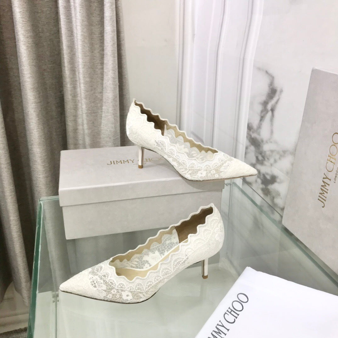 JIMMY CHOO 26S ТУФЛІ-ЛОДОЧКИ З ФІГУРНИМ КРУЖЕВОМ 65 ММ З БІЛОЇ ТКАНИНИ