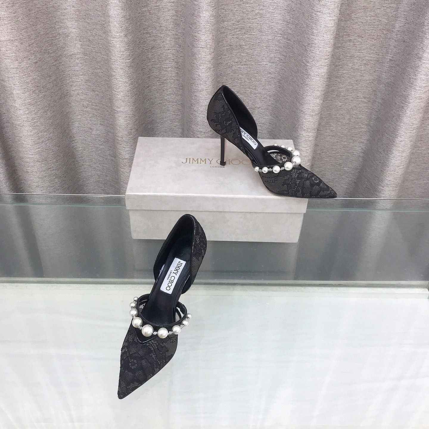 JIMMY CHOO 26S ТУФЛІ НА ВИСОКИХ ПІДБОРАХ 85 ММ З ЧОРНОГО МЕРЕЖИВА, ПРИКРАШЕНІ ПЕРЛАМИ