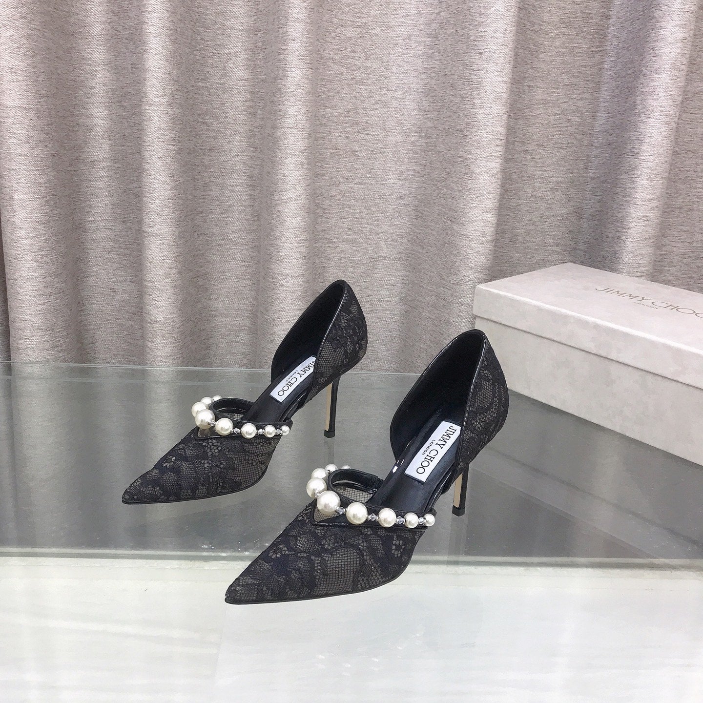 JIMMY CHOO 26S ТУФЛІ НА ВИСОКИХ ПІДБОРАХ 85 ММ З ЧОРНОГО МЕРЕЖИВА, ПРИКРАШЕНІ ПЕРЛАМИ