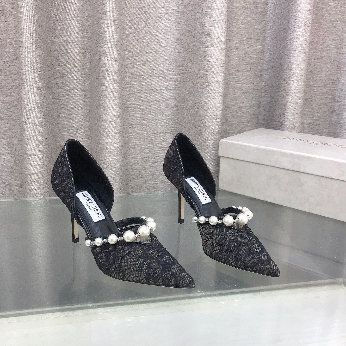 JIMMY CHOO 26S ТУФЛІ НА ВИСОКИХ ПІДБОРАХ 85 ММ З ЧОРНОГО МЕРЕЖИВА, ПРИКРАШЕНІ ПЕРЛАМИ