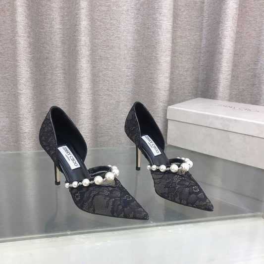 JIMMY CHOO 26S ТУФЛІ НА ВИСОКИХ ПІДБОРАХ 85 ММ З ЧОРНОГО МЕРЕЖИВА, ПРИКРАШЕНІ ПЕРЛАМИ