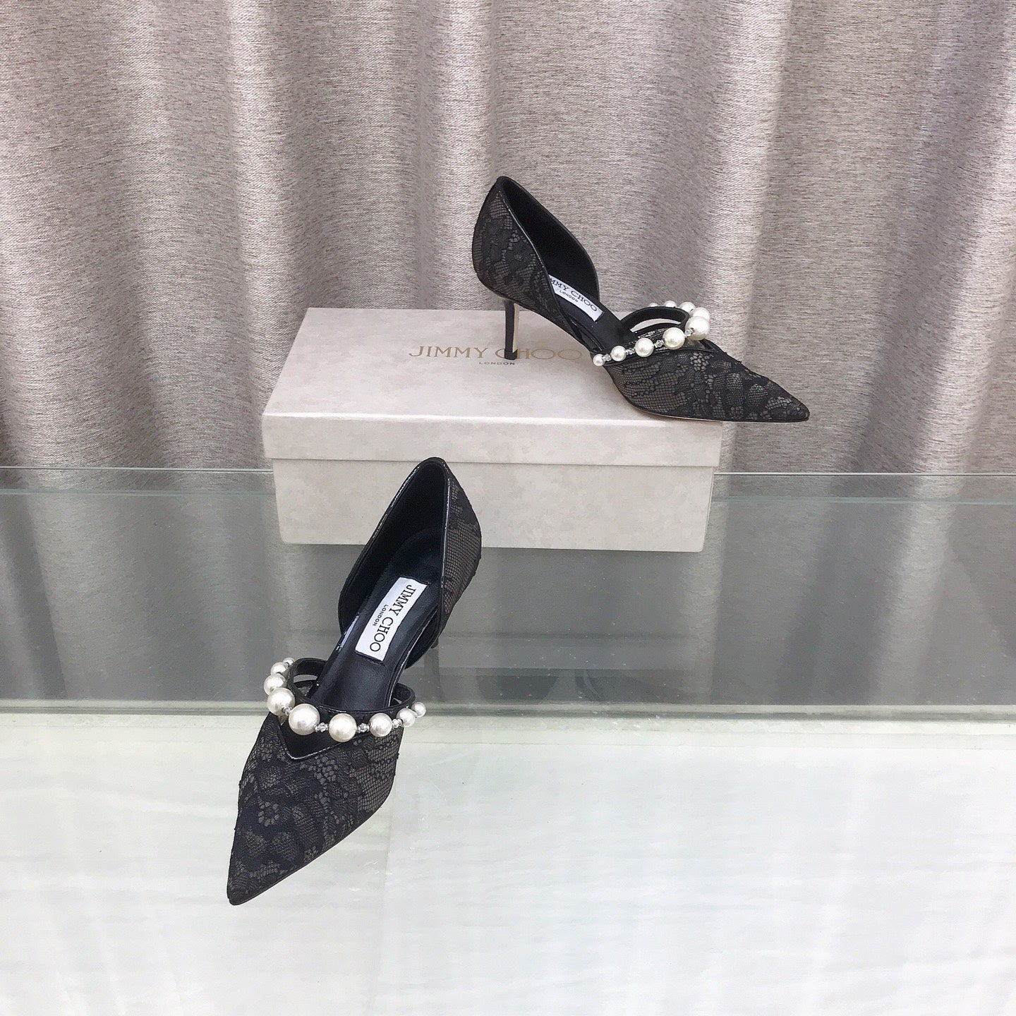 JIMMY CHOO 26S ТУФЛІ НА ВИСОКИХ ПІДБОРАХ 65 ММ З ЧОРНОГО МЕРЕЖИВА, ПРИКРАШЕНІ ПЕРЛАМИ