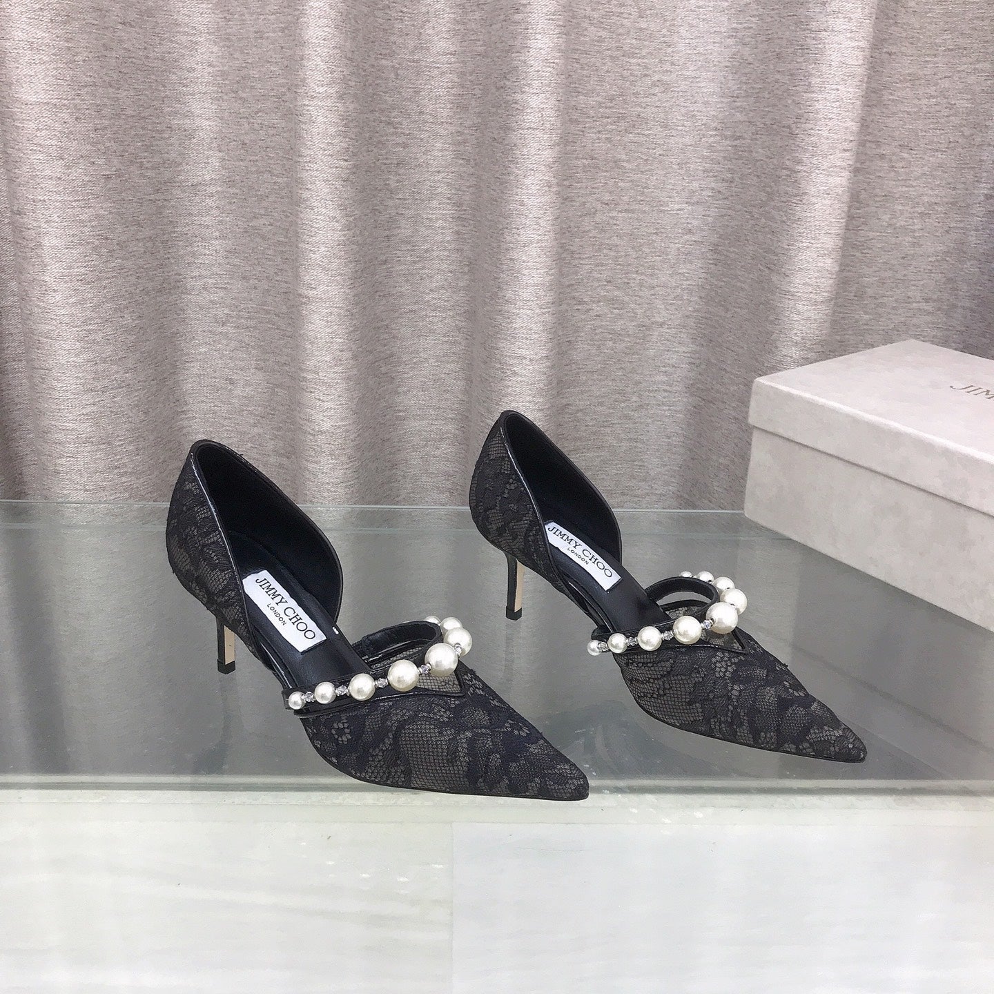JIMMY CHOO 26S ТУФЛІ НА ВИСОКИХ ПІДБОРАХ 65 ММ З ЧОРНОГО МЕРЕЖИВА, ПРИКРАШЕНІ ПЕРЛАМИ