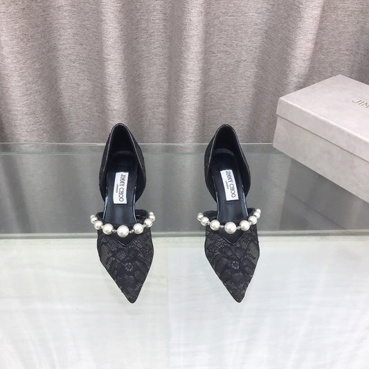 JIMMY CHOO 26S ТУФЛІ НА ВИСОКИХ ПІДБОРАХ 65 ММ З ЧОРНОГО МЕРЕЖИВА, ПРИКРАШЕНІ ПЕРЛАМИ