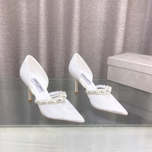 ТУФЛІ JIMMY CHOO 26S НА ВИСОКИХ ПІДБОРАХ 85 ММ З БІЛОГО МЕРЕЖИВА, ПРИКРАШЕНІ ПЕРЛИНАМИ