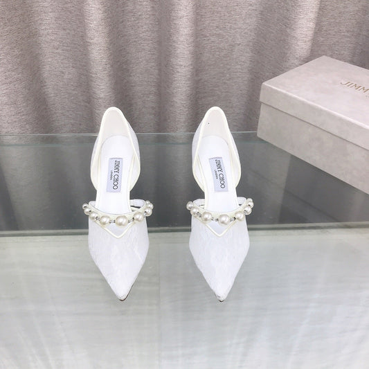 JIMMY CHOO 26S ТУФЛІ НА ВИСОКОМУ КАБЛУЦІ 65 ММ З БІЛОГО МЕРЕЖИВА, ПРИКРАШЕНІ ПЕРЛИНАМИ