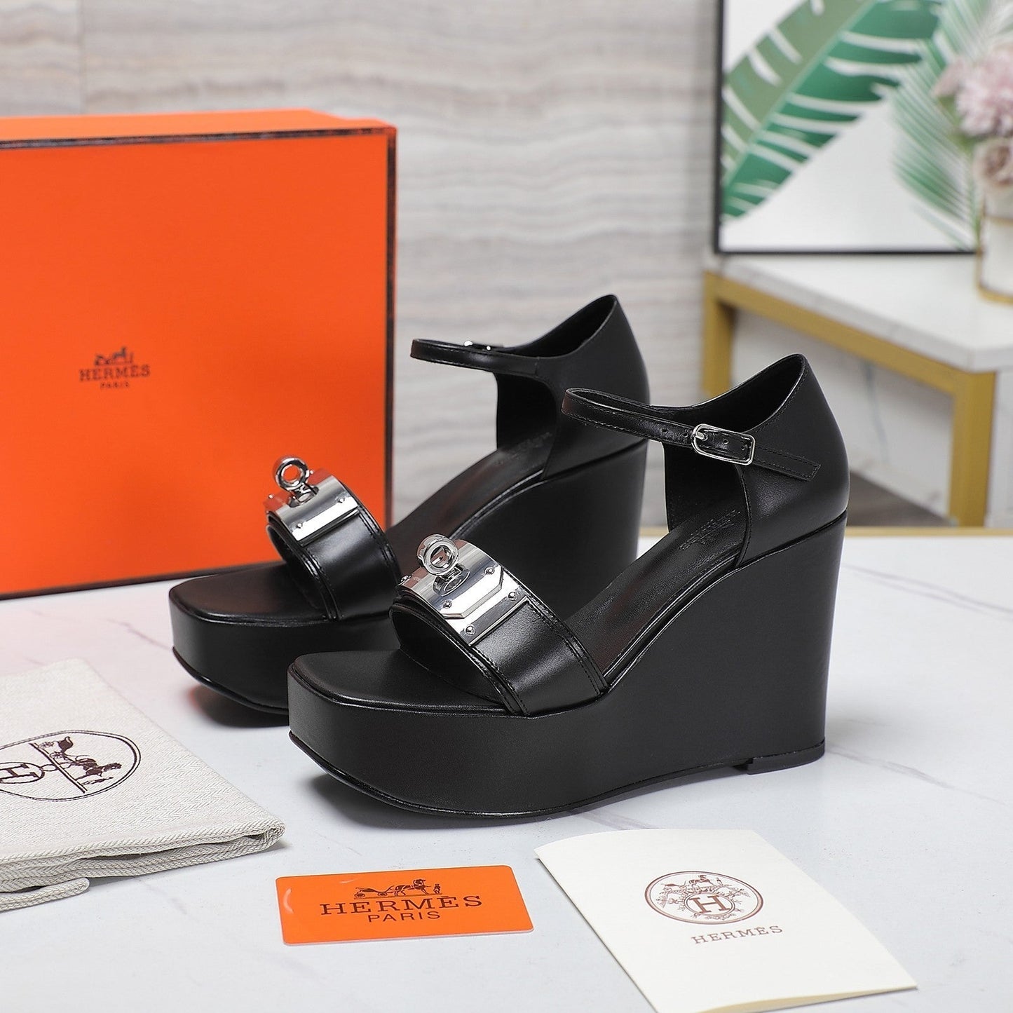 WEDGES SANDALS BLACK LAMBSKIN - 35