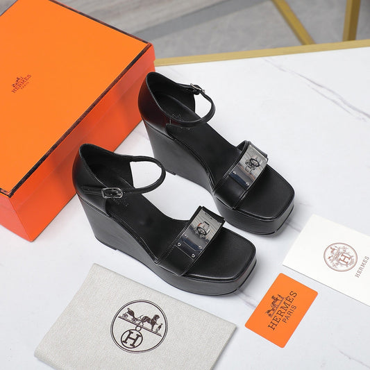 WEDGES SANDALS BLACK LAMBSKIN - 35