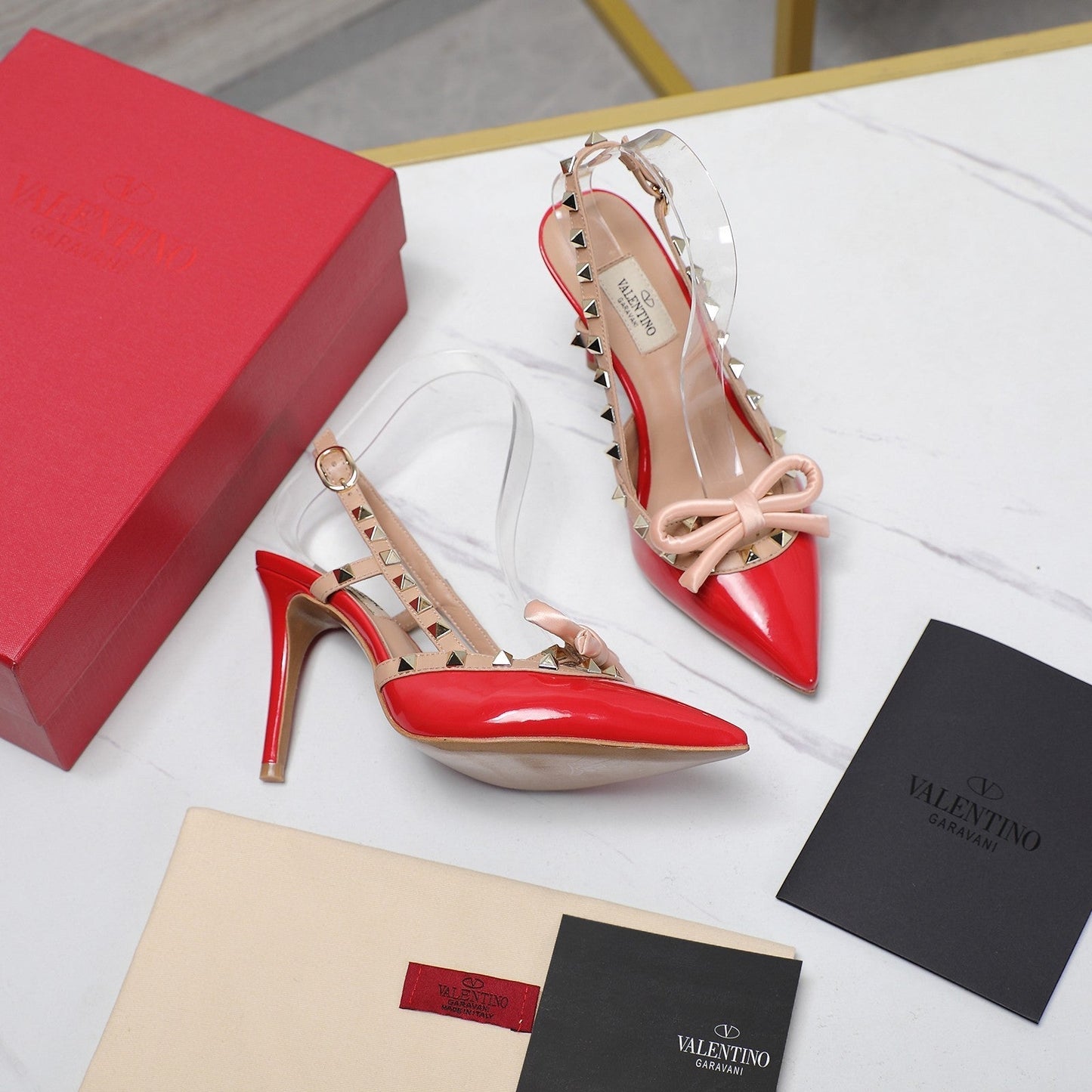 ROCKSTUD BOW SLINGBACK CHERRY RED PATENT LEATHER PUMP 95MM - 35
