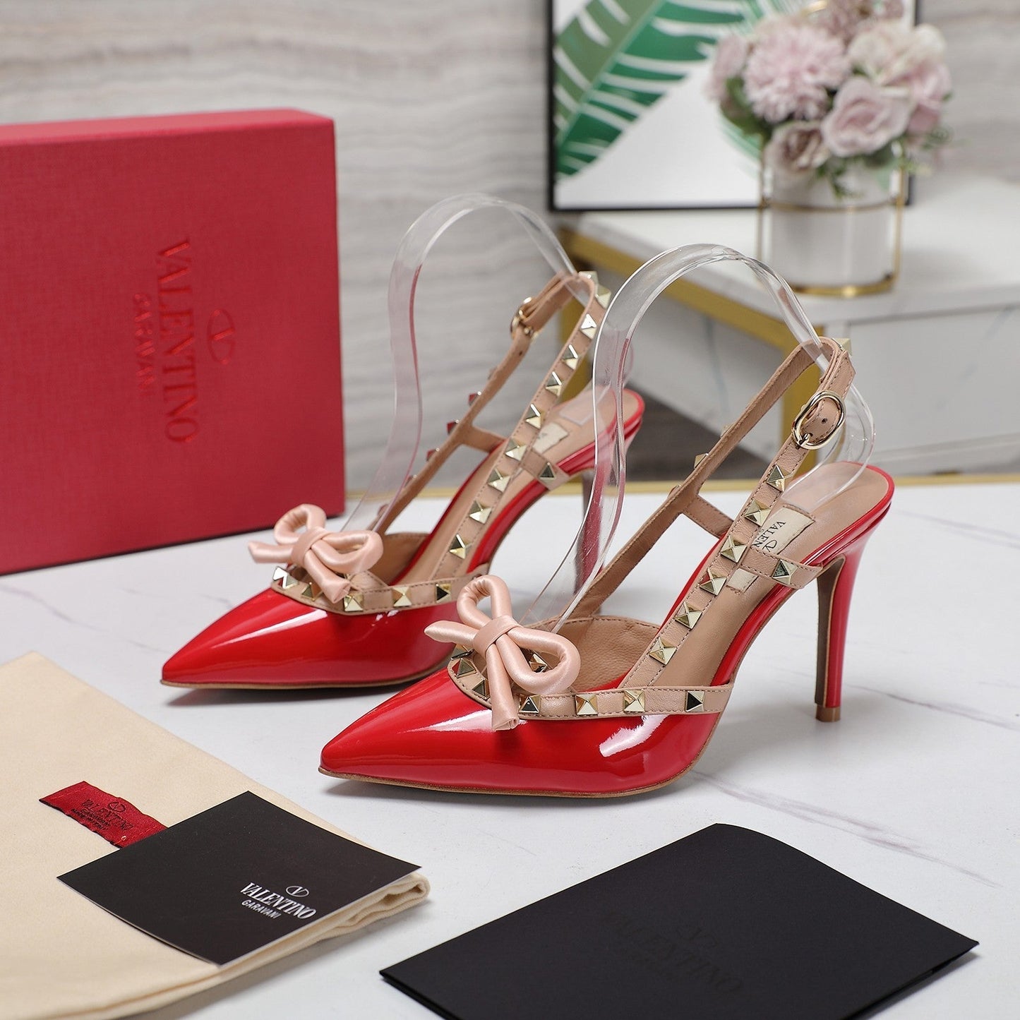 ROCKSTUD BOW SLINGBACK CHERRY RED PATENT LEATHER PUMP 95MM - 35