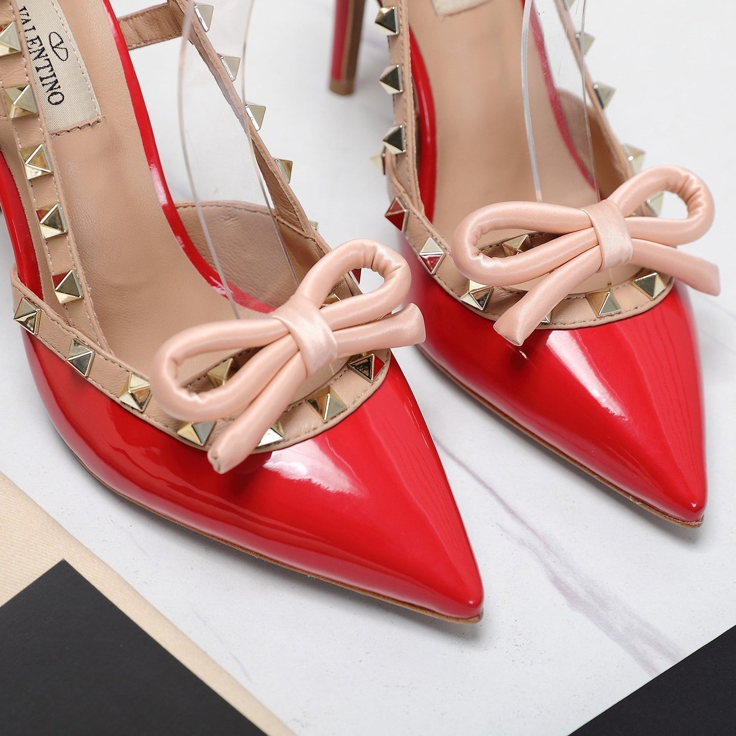 ROCKSTUD BOW SLINGBACK CHERRY RED PATENT LEATHER PUMP 95MM - 35