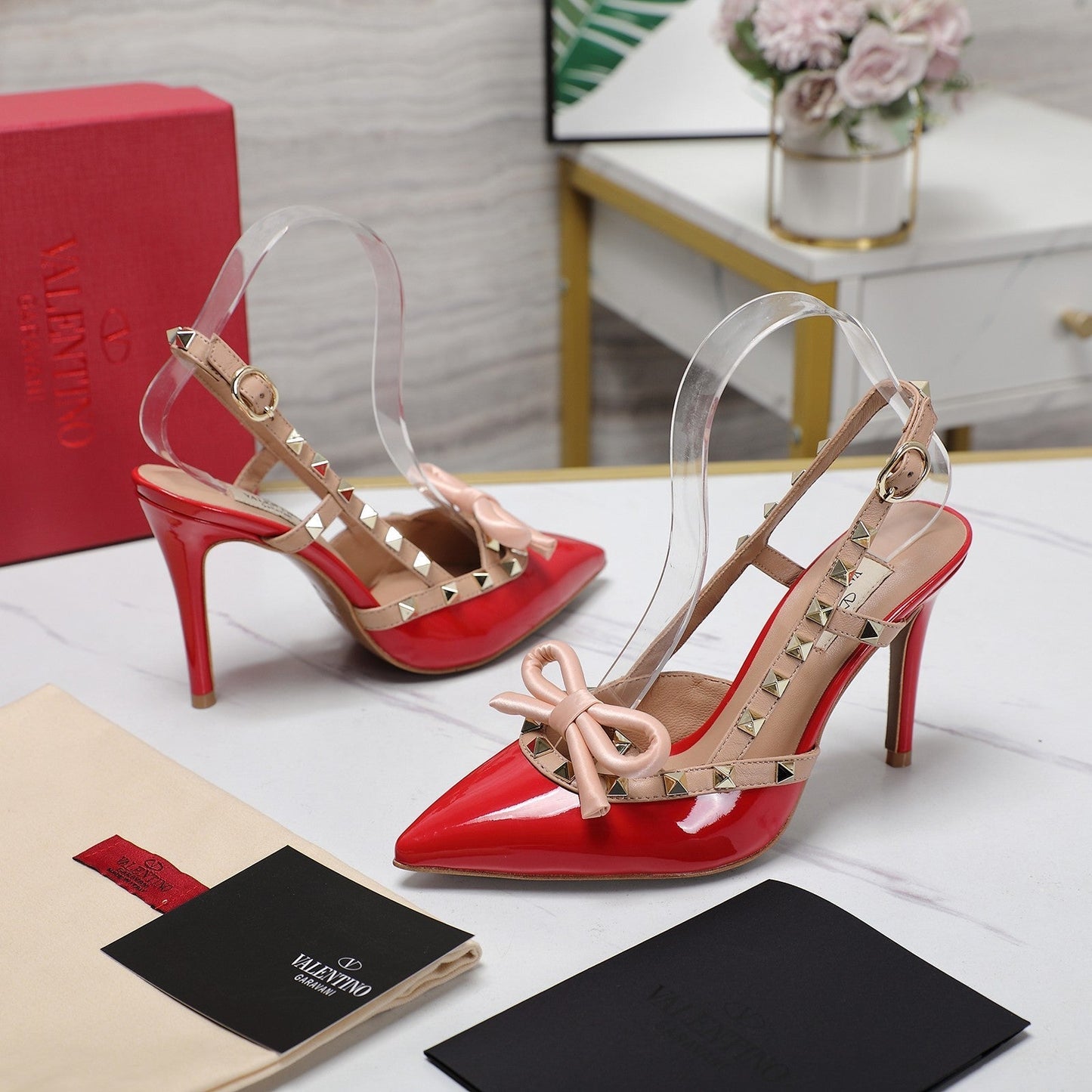 ROCKSTUD BOW SLINGBACK CHERRY RED PATENT LEATHER PUMP 95MM - 35