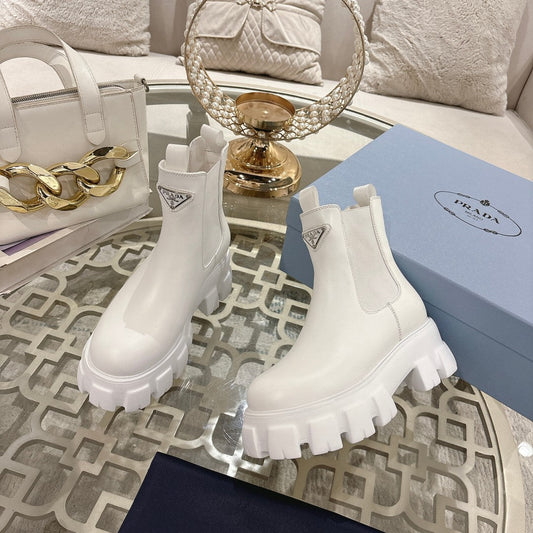 Черевики PRADA 26S MONOLITH CHELSEA З БІЛОЇ ТЕЛЯЧОЇ ШКІРИ ТА ТКАНИНИ