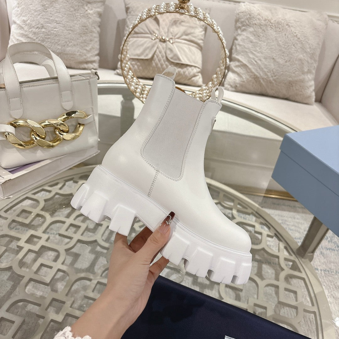 Черевики PRADA 26S MONOLITH CHELSEA З БІЛОЇ ТЕЛЯЧОЇ ШКІРИ ТА ТКАНИНИ