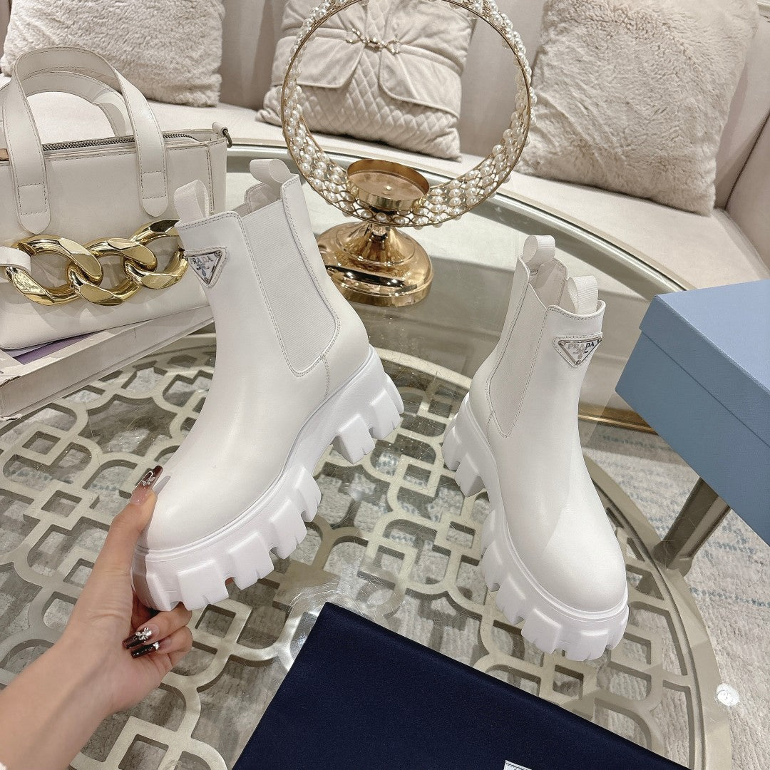 Черевики PRADA 26S MONOLITH CHELSEA З БІЛОЇ ТЕЛЯЧОЇ ШКІРИ ТА ТКАНИНИ