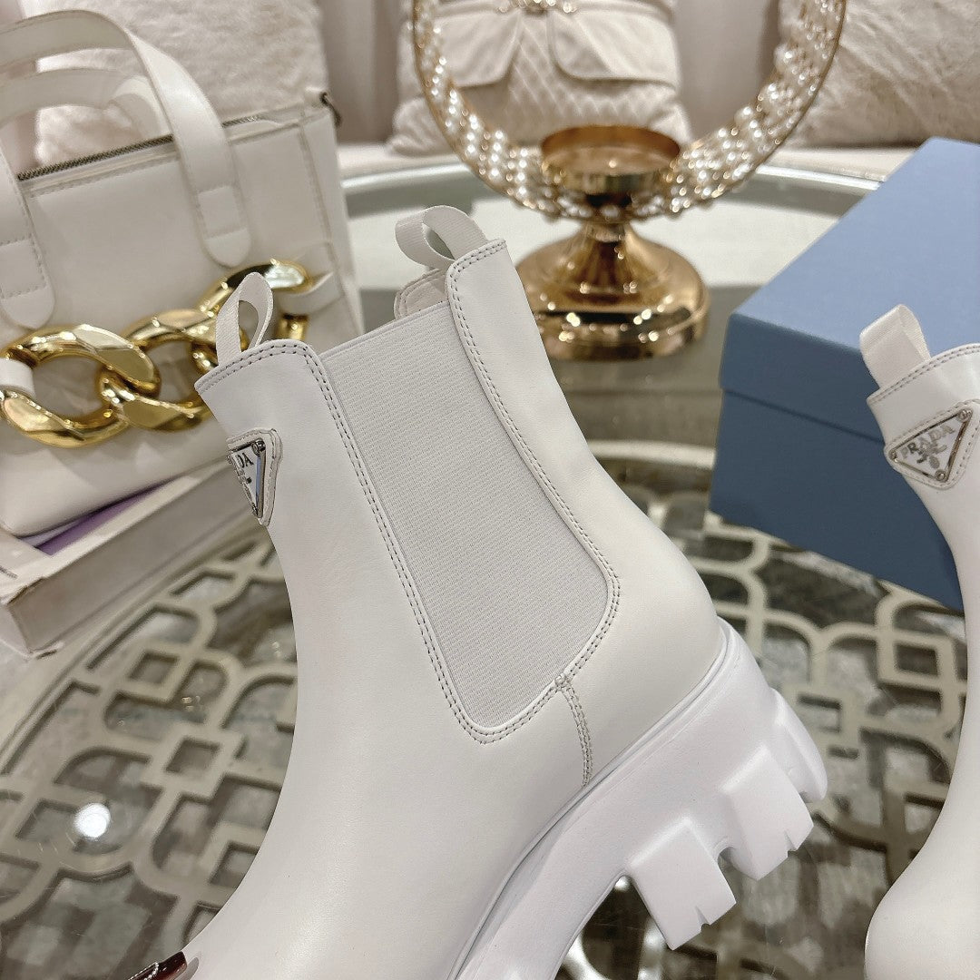 Черевики PRADA 26S MONOLITH CHELSEA З БІЛОЇ ТЕЛЯЧОЇ ШКІРИ ТА ТКАНИНИ