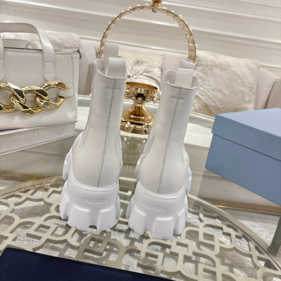 Черевики PRADA 26S MONOLITH CHELSEA З БІЛОЇ ТЕЛЯЧОЇ ШКІРИ ТА ТКАНИНИ