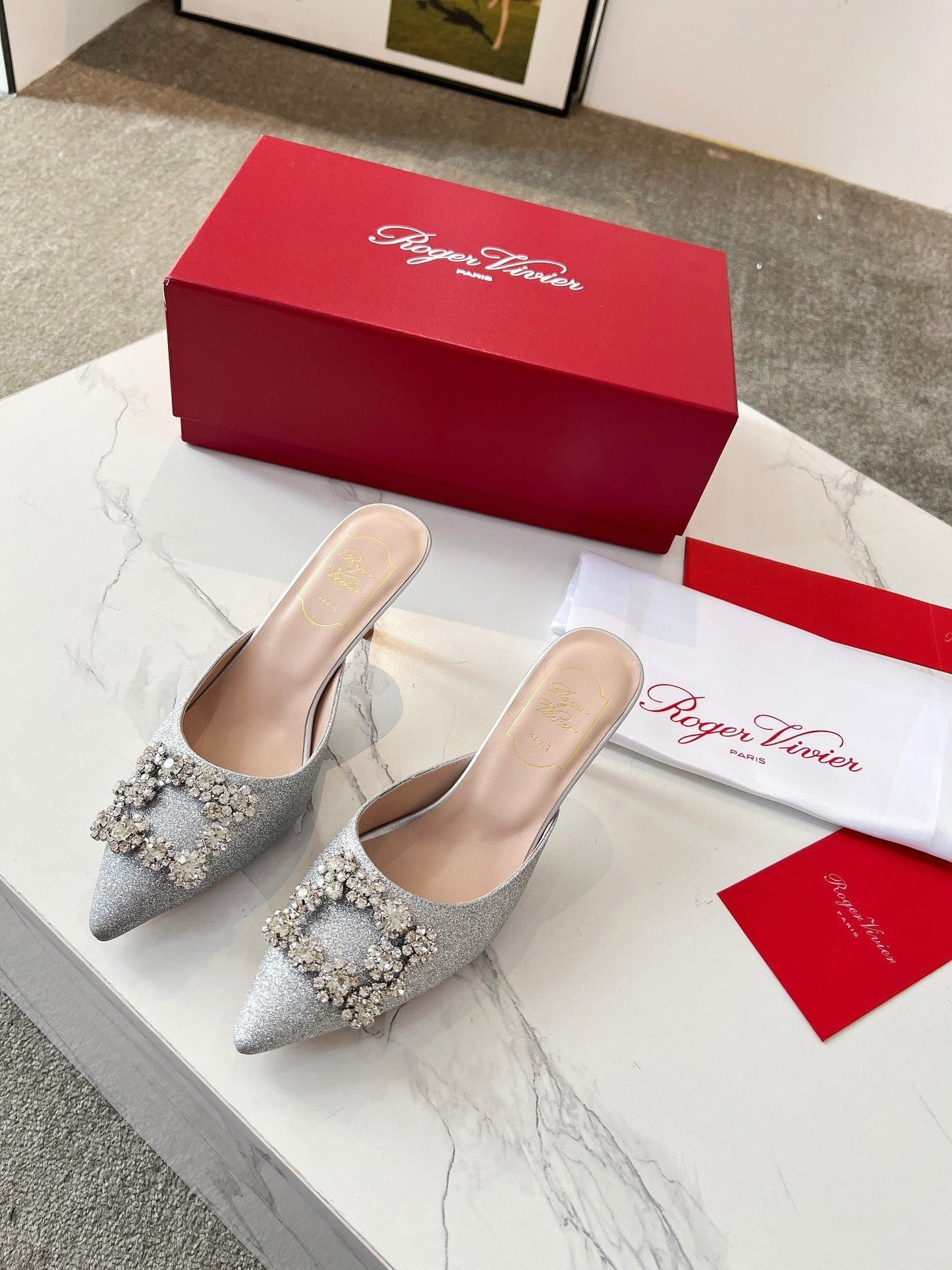 EFFLORESCENCE MULES IN SILVER SATIN EMBELLISHED GLITTER - 34