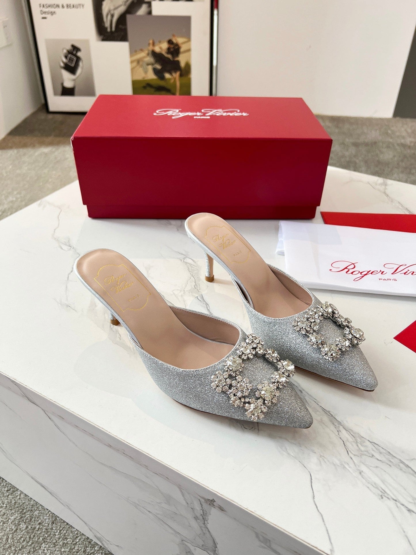 EFFLORESCENCE MULES IN SILVER SATIN EMBELLISHED GLITTER - 34