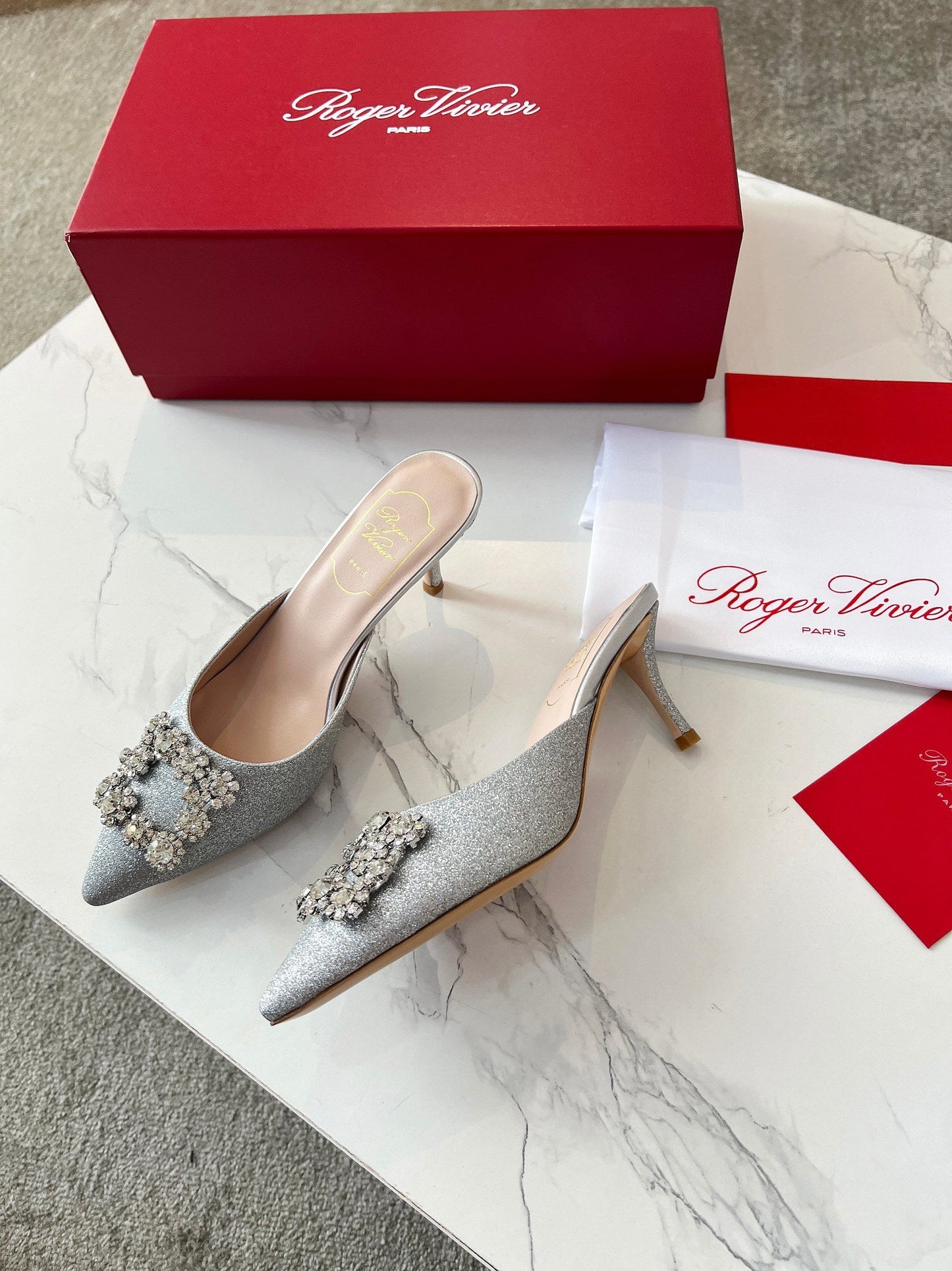 EFFLORESCENCE MULES IN SILVER SATIN EMBELLISHED GLITTER - 34