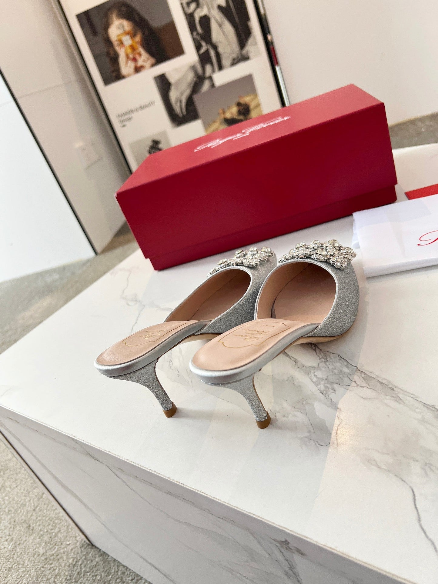 EFFLORESCENCE MULES IN SILVER SATIN EMBELLISHED GLITTER - 34