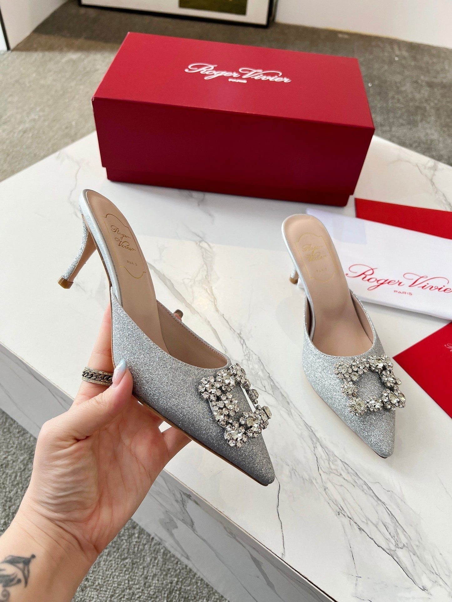 EFFLORESCENCE MULES IN SILVER SATIN EMBELLISHED GLITTER - 34