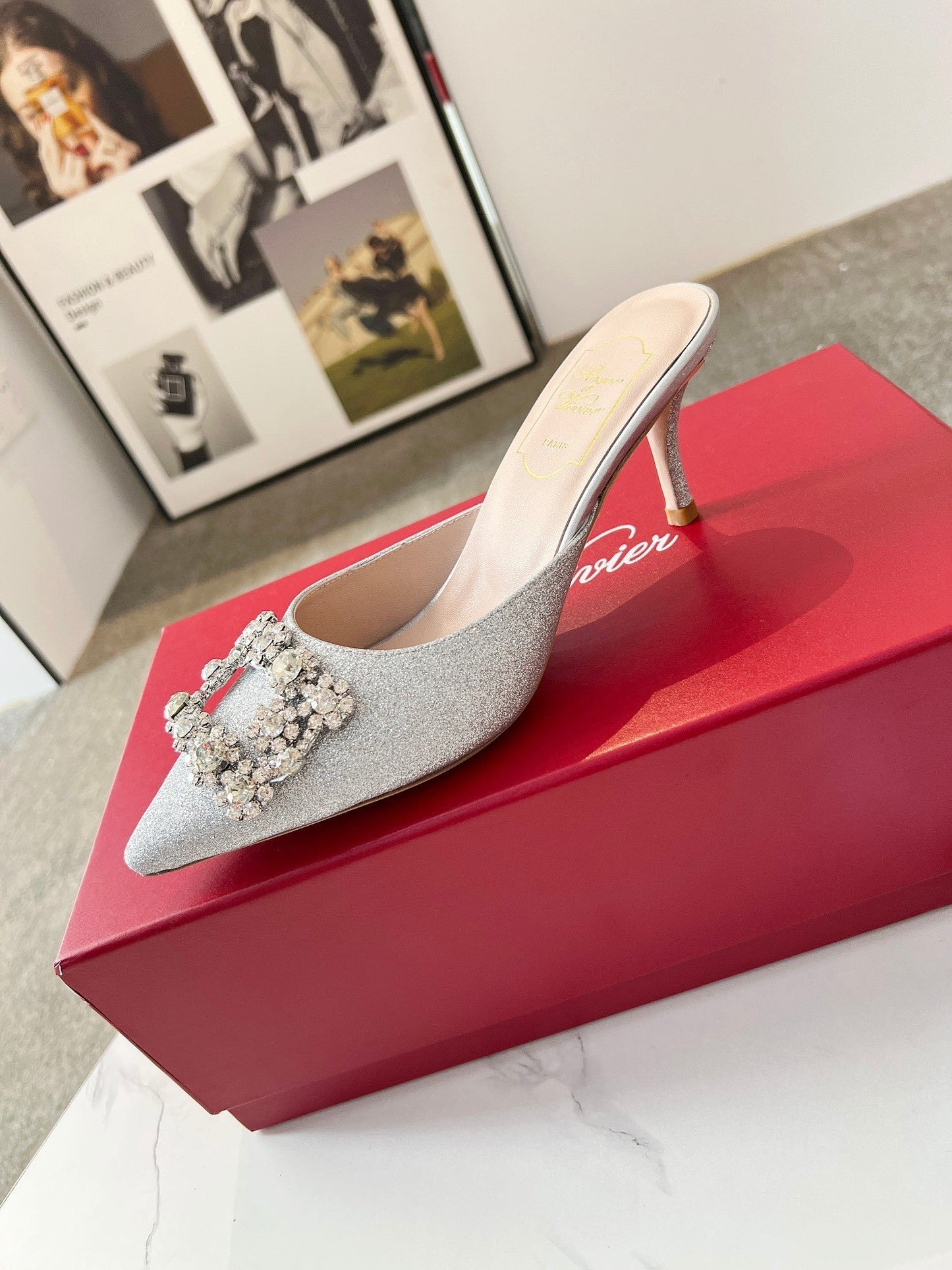 EFFLORESCENCE MULES IN SILVER SATIN EMBELLISHED GLITTER - 34
